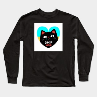 Stop war banner, poster, flyer, card, badge or sticker print design with grumpy black cat Long Sleeve T-Shirt